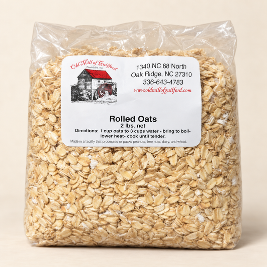 Old Mill of Guilford Rolled Oats in a clear 2-pound bag