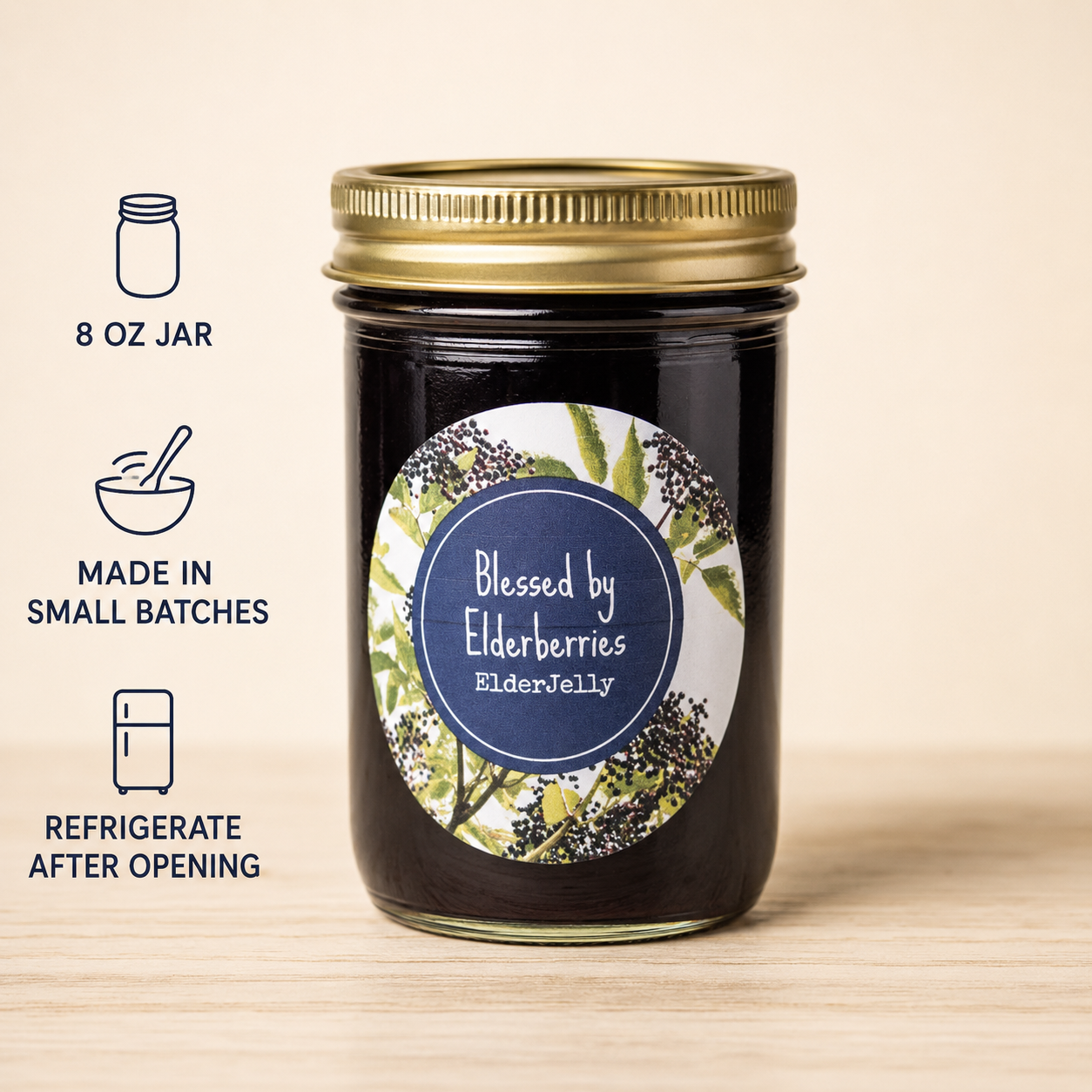 8 oz jar of small-batch Blessed by Elderberries Elderberry Jelly with instructions to refrigerate after opening