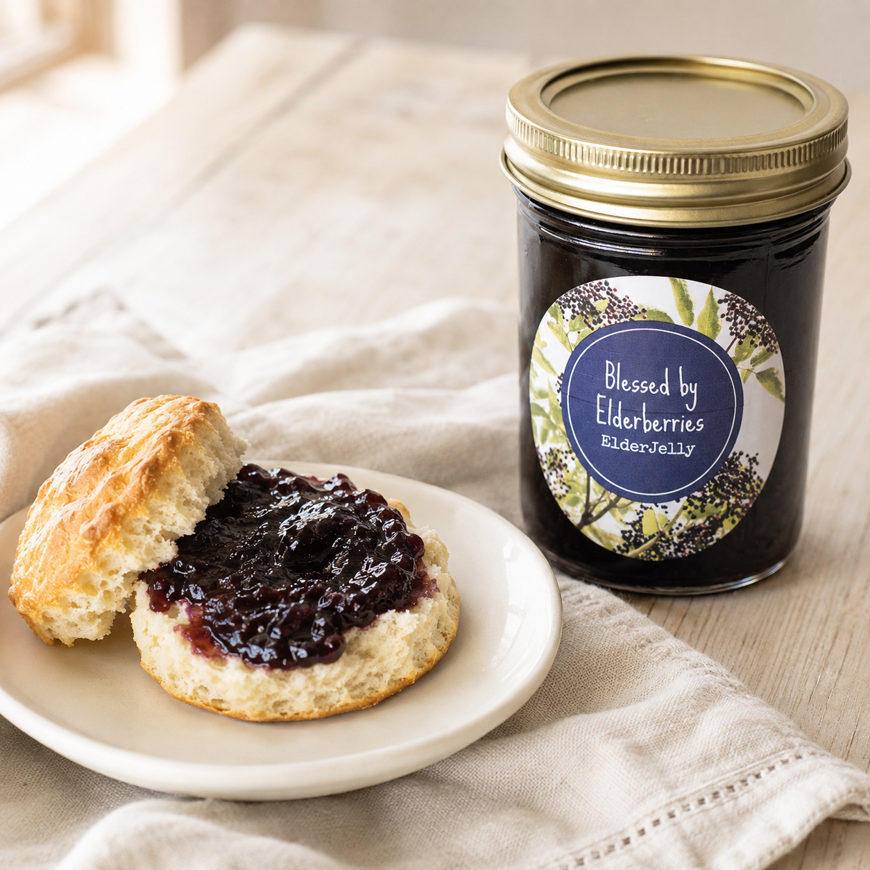 Blessed by Elderberries Elderberry Jelly beside a warm biscuit spread with dark purple elderberry jelly