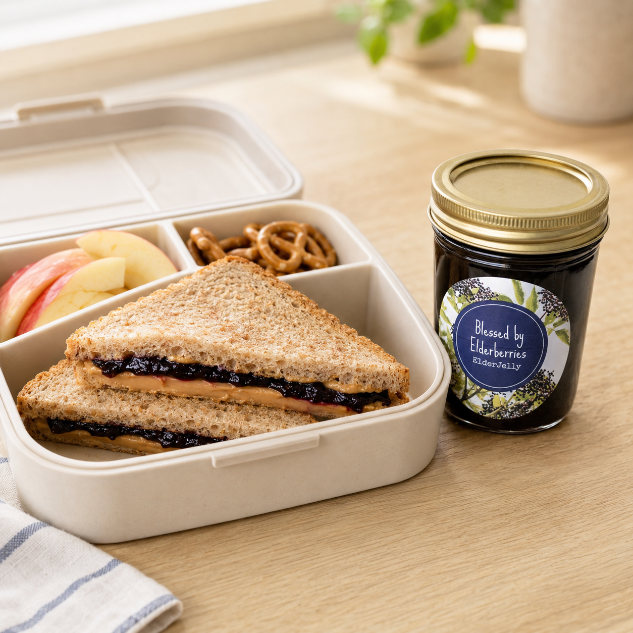Blessed by Elderberries Elderberry Jelly beside a lunchbox with an elderberry jelly and peanut butter sandwich, apple slices, and pretzels