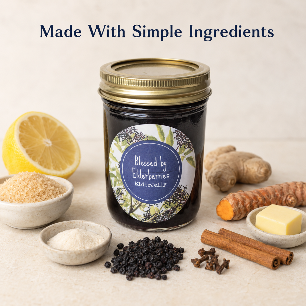 Blessed by Elderberries Elderberry Jelly with elderberries, organic cane sugar, lemon, pectin, turmeric, ginger, cinnamon, cloves, and butter