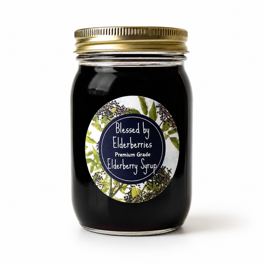 Blessed by Elderberries small batch elderberry syrup in a glass mason jar
