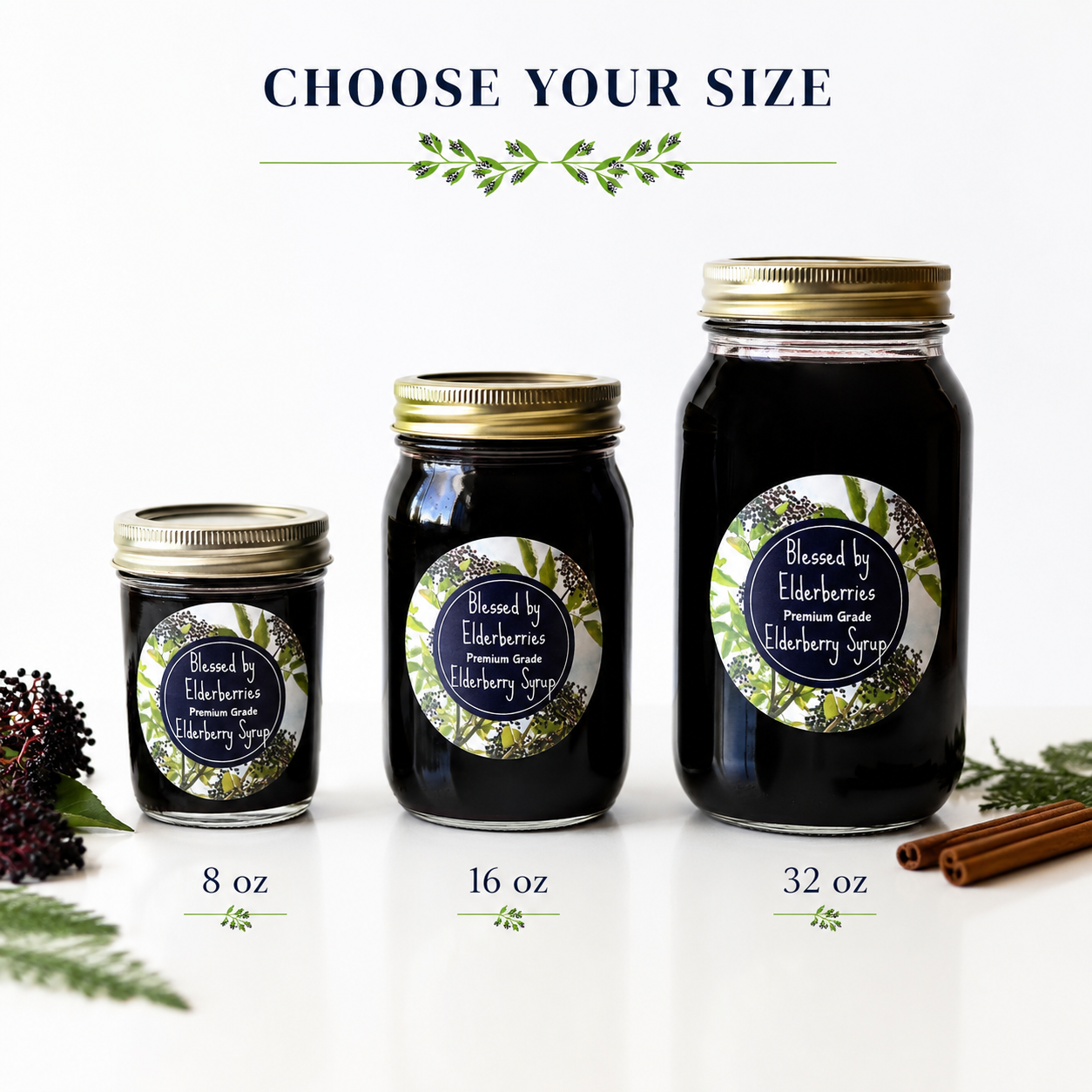 Blessed by Elderberries elderberry syrup available in 8 oz, 16 oz, and 32 oz mason jars