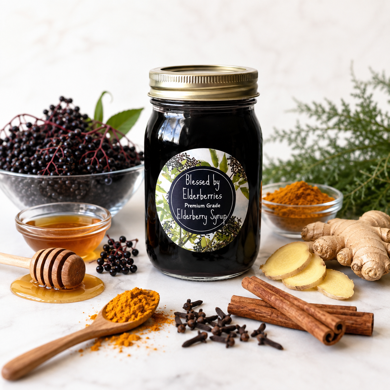 Blessed by Elderberries syrup with organic elderberries, honey, turmeric, ginger, Ceylon cinnamon, and clove