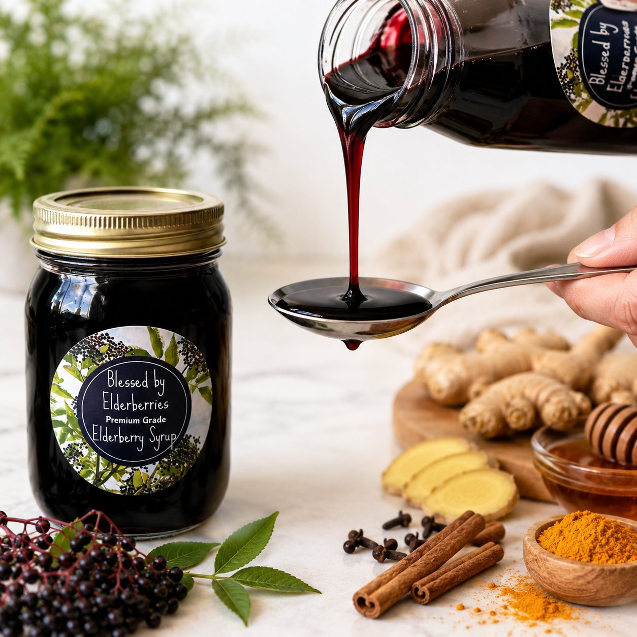 Blessed by Elderberries elderberry syrup being poured onto a spoon for daily use
