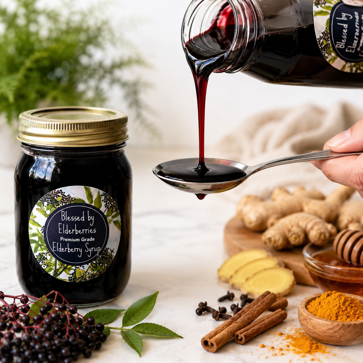 Blessed by Elderberries elderberry syrup being poured onto a spoon for daily use