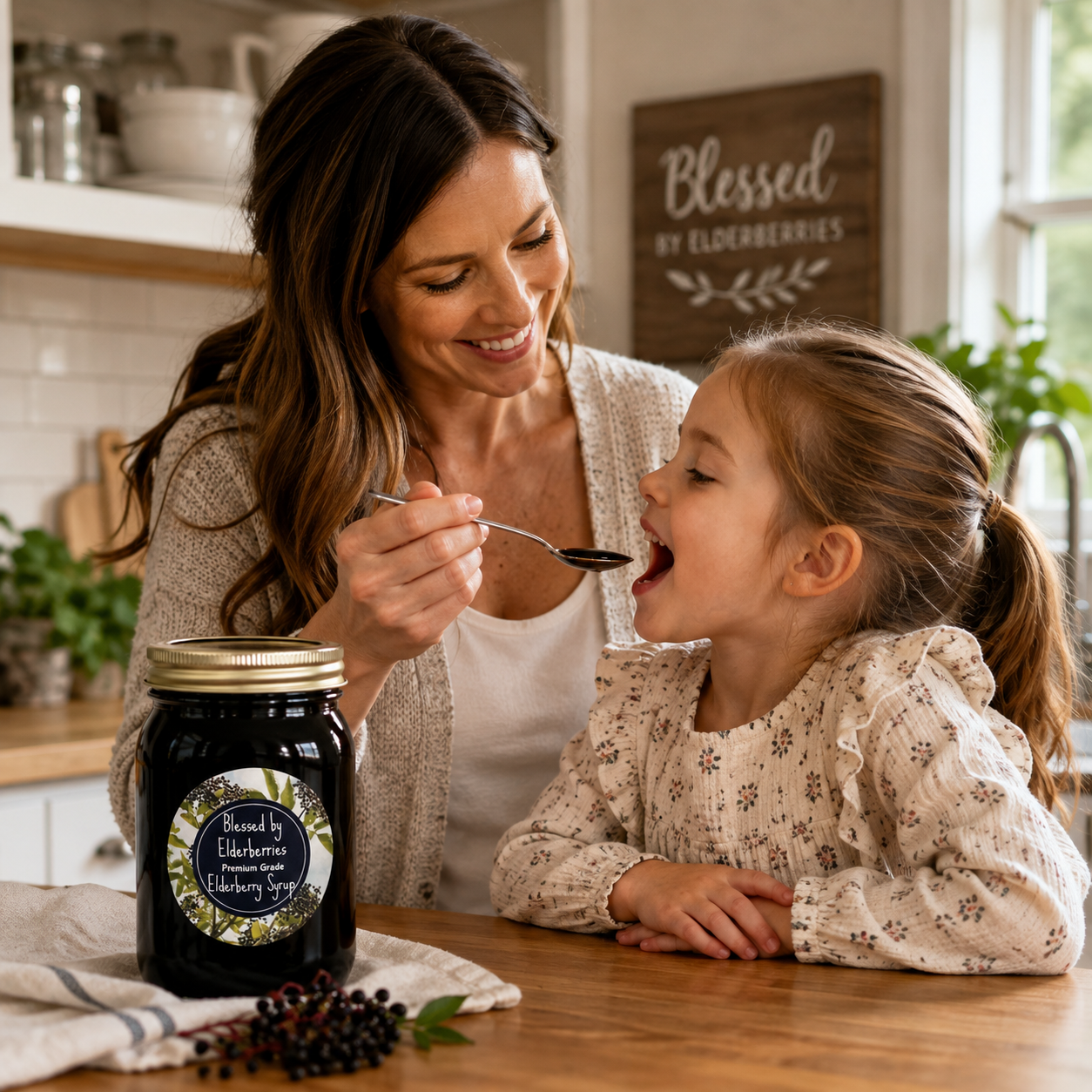 Mother giving her child Blessed by Elderberries elderberry syrup as part of their daily routine
