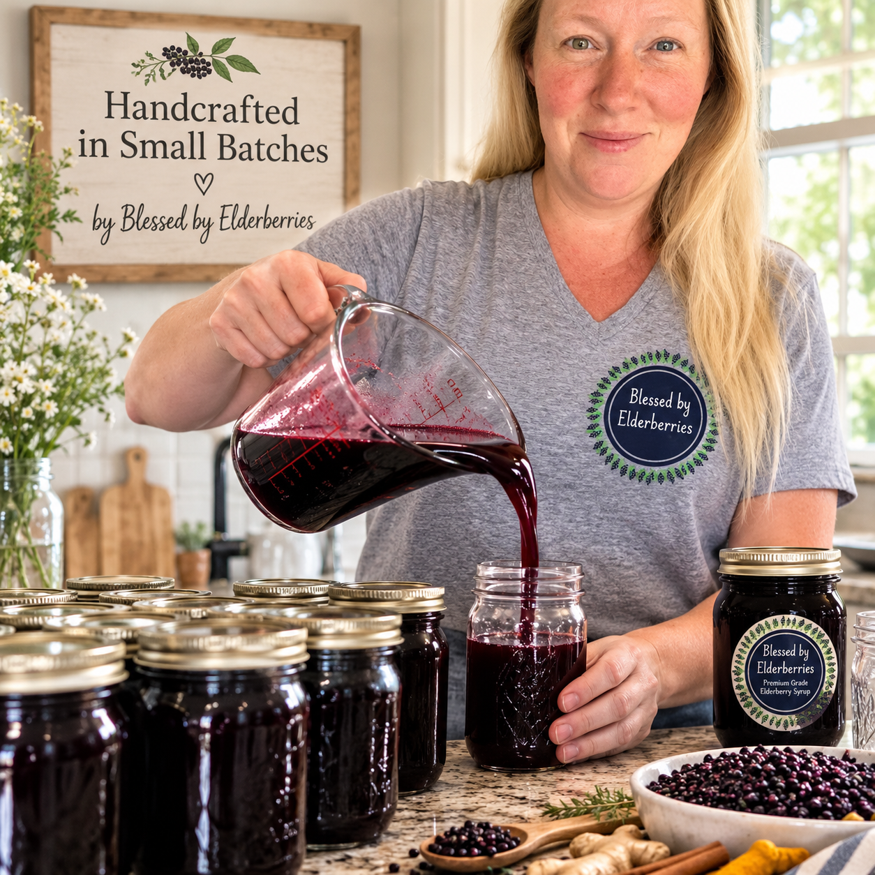 Blessed by Elderberries owner handcrafting small batch elderberry syrup in mason jars