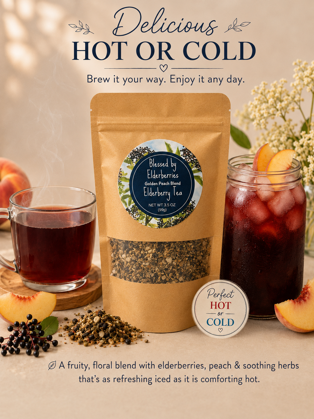 Golden Peach Elderberry Herbal Tea served hot and iced with fresh peach