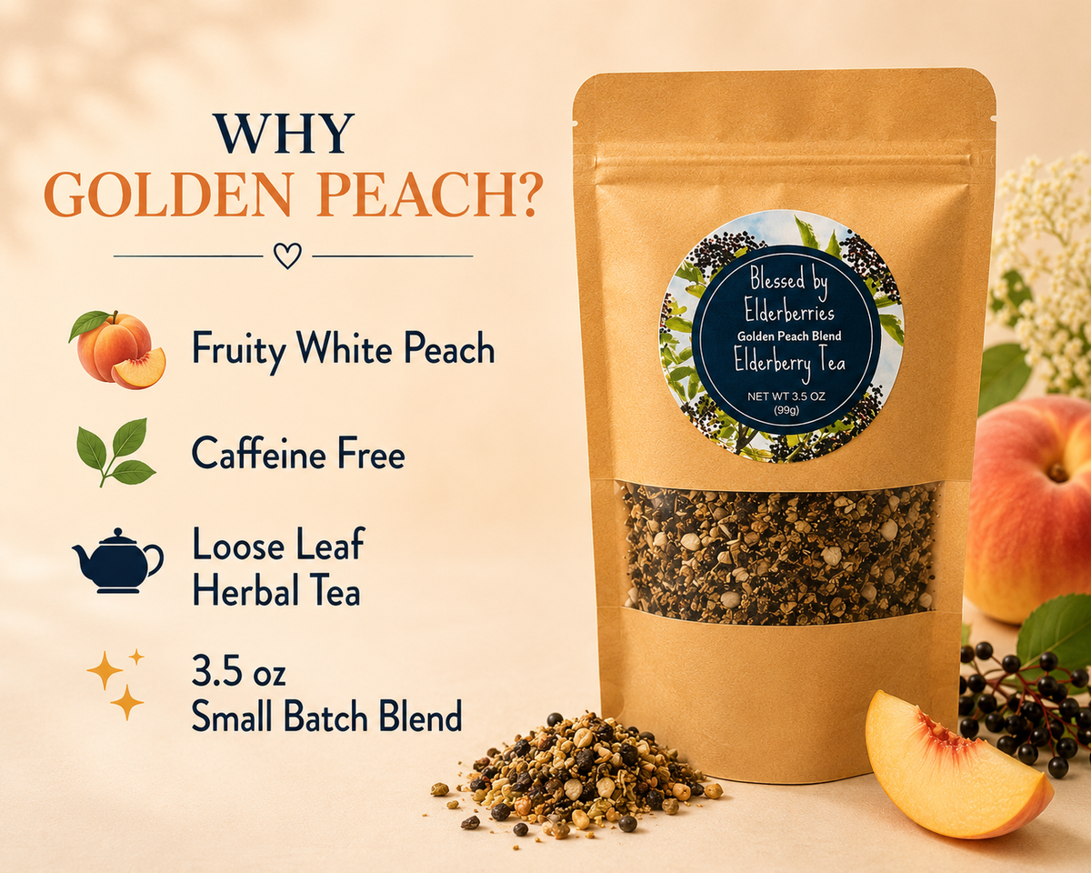 Golden Peach caffeine free loose leaf elderberry herbal tea with fruity white peach